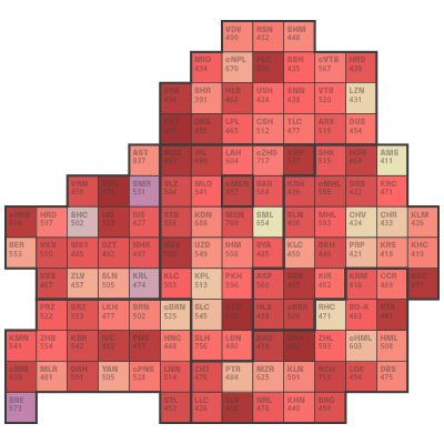 Animated image of a tile grid map of Belarus with random data visualized as a promo picture for the collection of charts created by Ihar Yanouski for #30DayChartChallenge in April 2024
