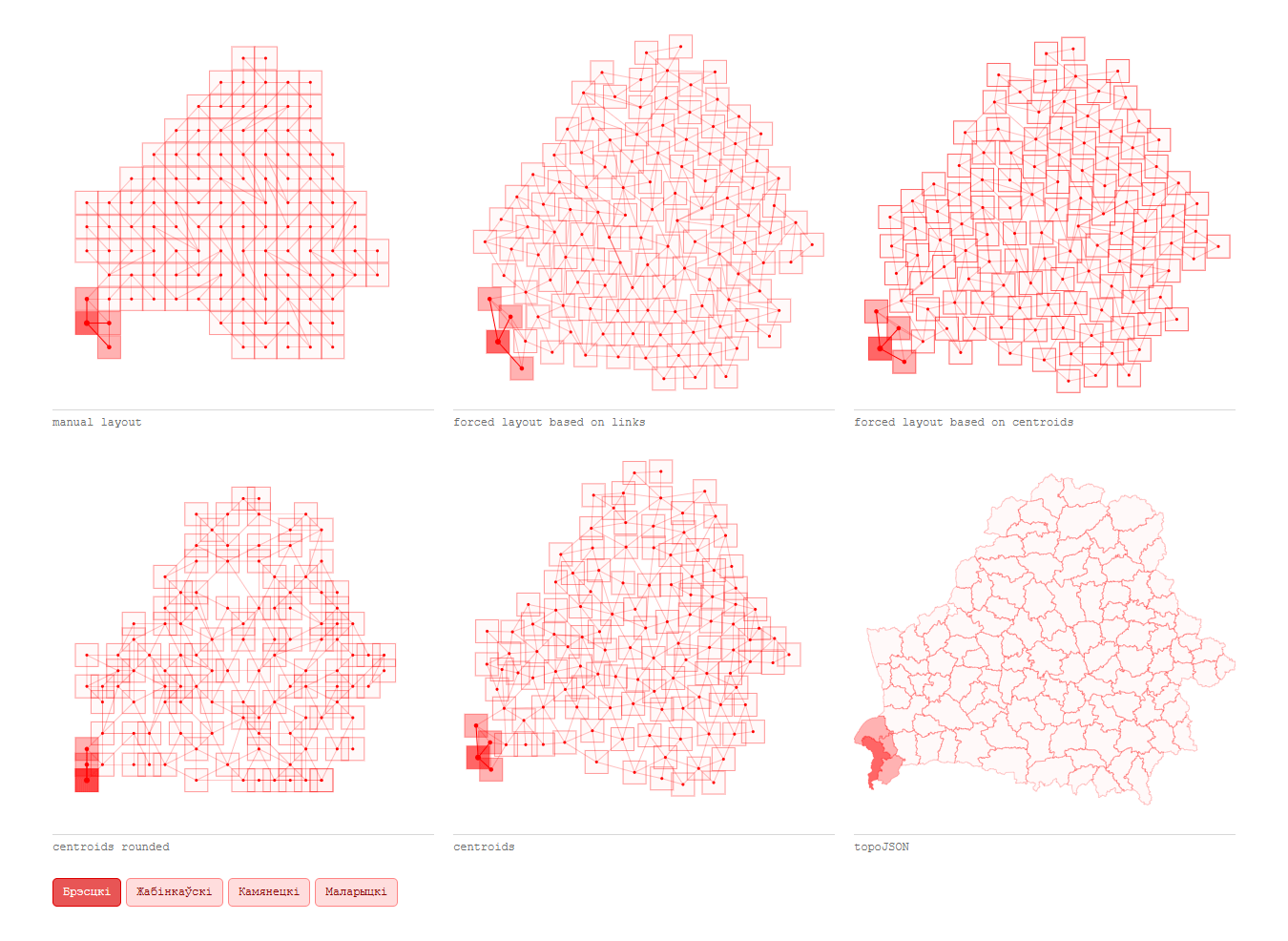 Animated small multiples of Belarus tile grid map with some alternative layouts to compare relative position of districts for searching the optimal layout