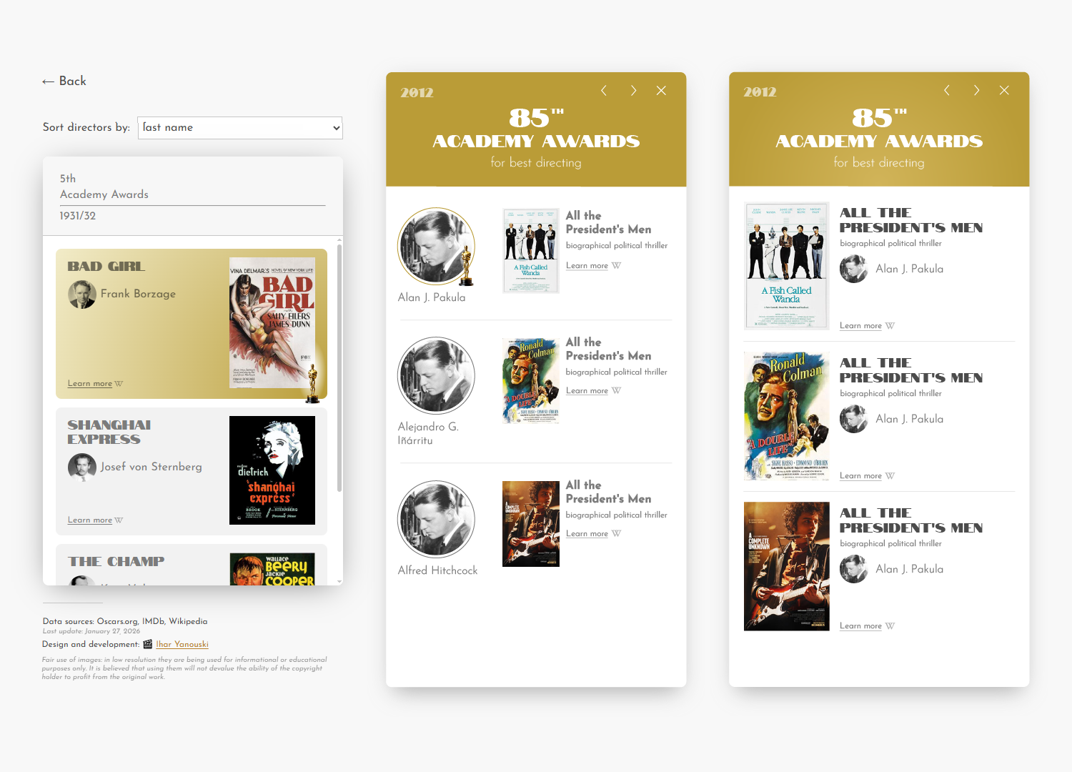Multiple design options for the sidebar template layouts to display award details, part of the interactive data visualization of Best Director Oscar Nominees and Winners