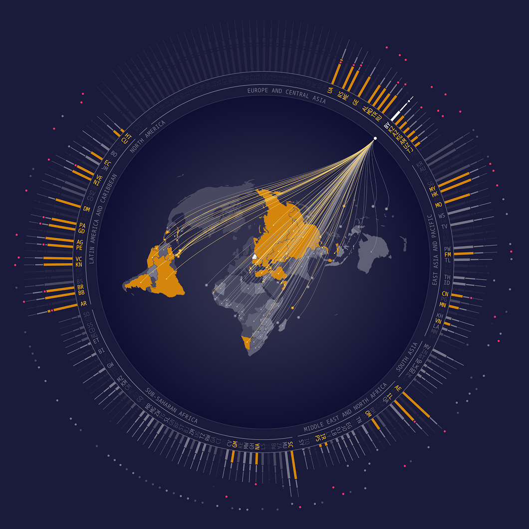 Passport Index data visualization displaying on the world map countries which are legal to visit without visa for Belarus citizens
