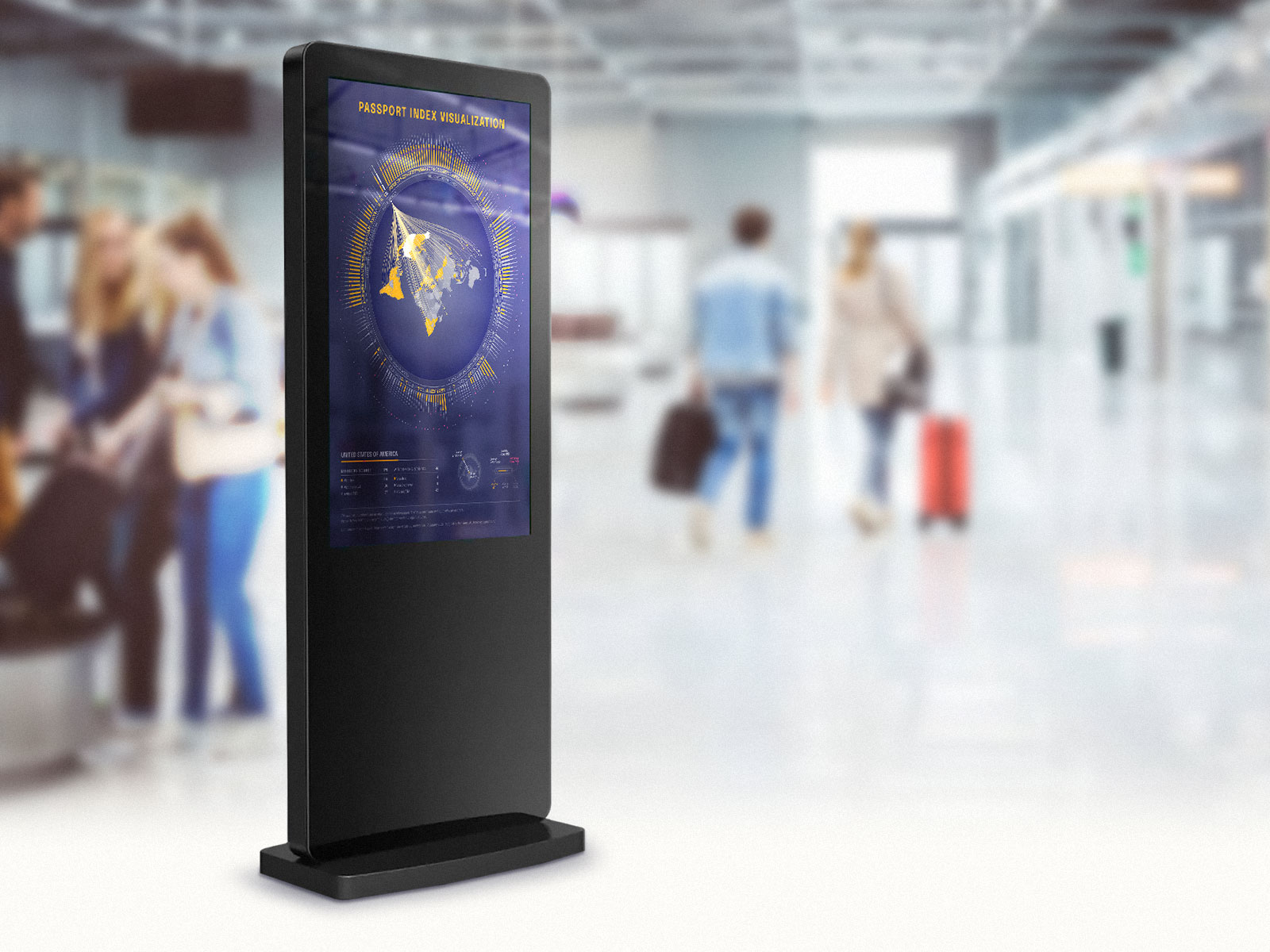 The interactive passport index data visualization on a screen of a  wayfinding stand in a public place